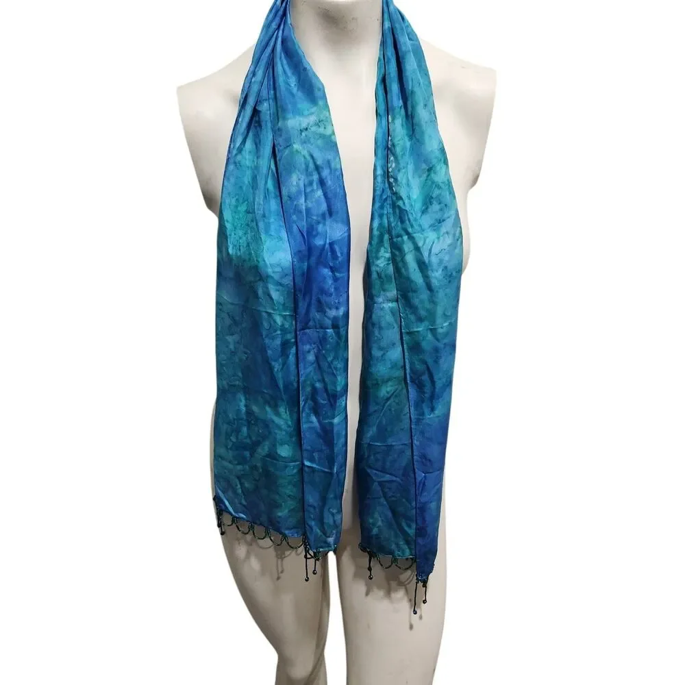 Blue Green Tie Dye Scarf Beaded‎ Fringe Lightweight Wrap Boho Festival